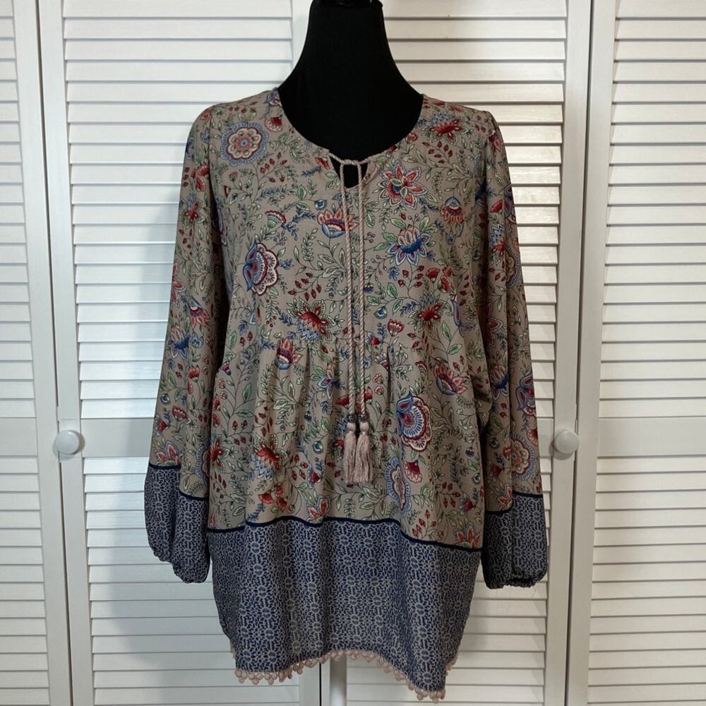 Vintage America Boho Floral Flowy Relaxed Empire Waist Tassel Tunic Blouse XL